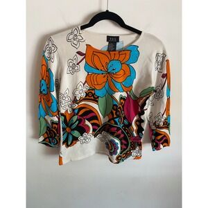RQT Petite Floral Paisley Rhinestone Knit Sweater White Multi 3/4 Sleeve PS‎